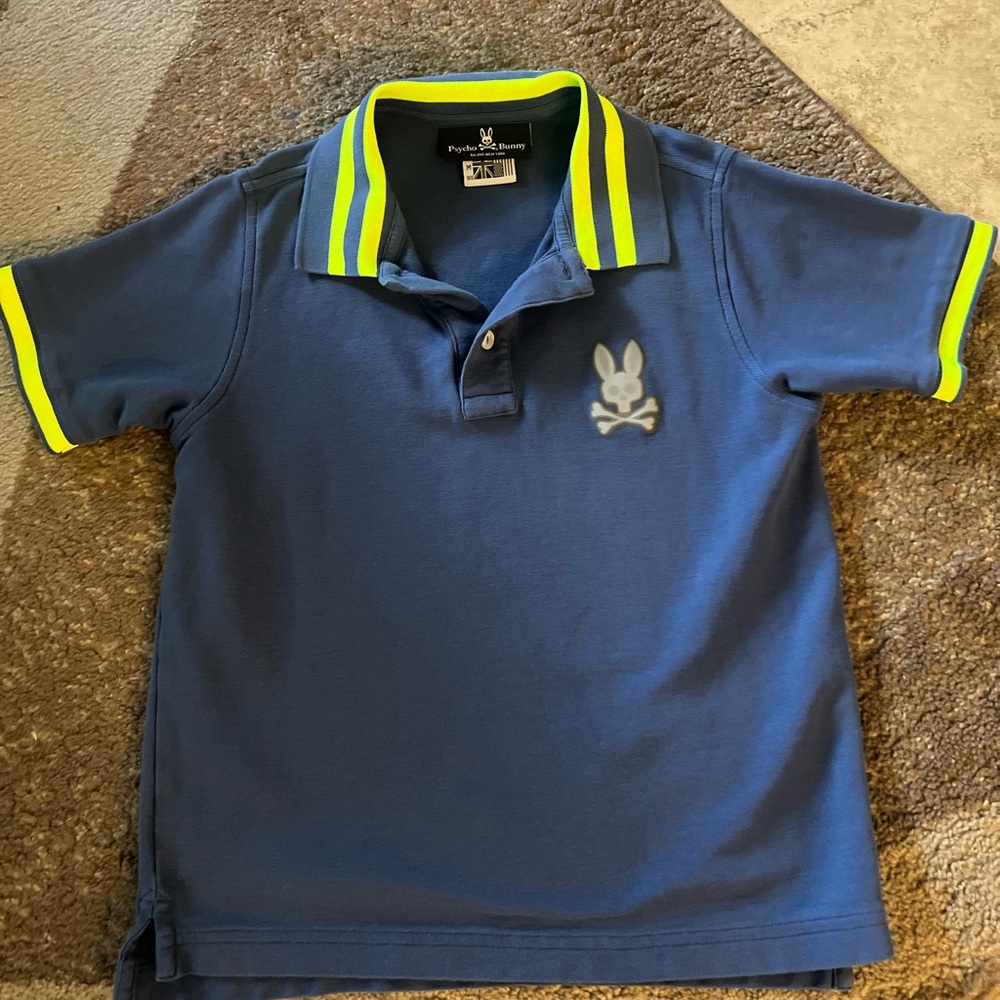 Psycho bunny Blue and yellow boys shirt size 10/12 medium 100% cotton